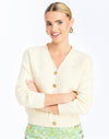 Front - Finley Cardigan in Ivory is an oversized knit cardigan with embroidery and gold buttons.