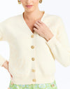 Detail - Finley Cardigan in Ivory is an oversized knit cardigan with embroidery and gold buttons.