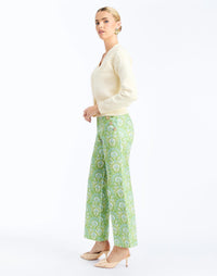 Side - Antonella Pants in Trellis Verte is a printed straight-leg pants with decorative buttons and side zip.