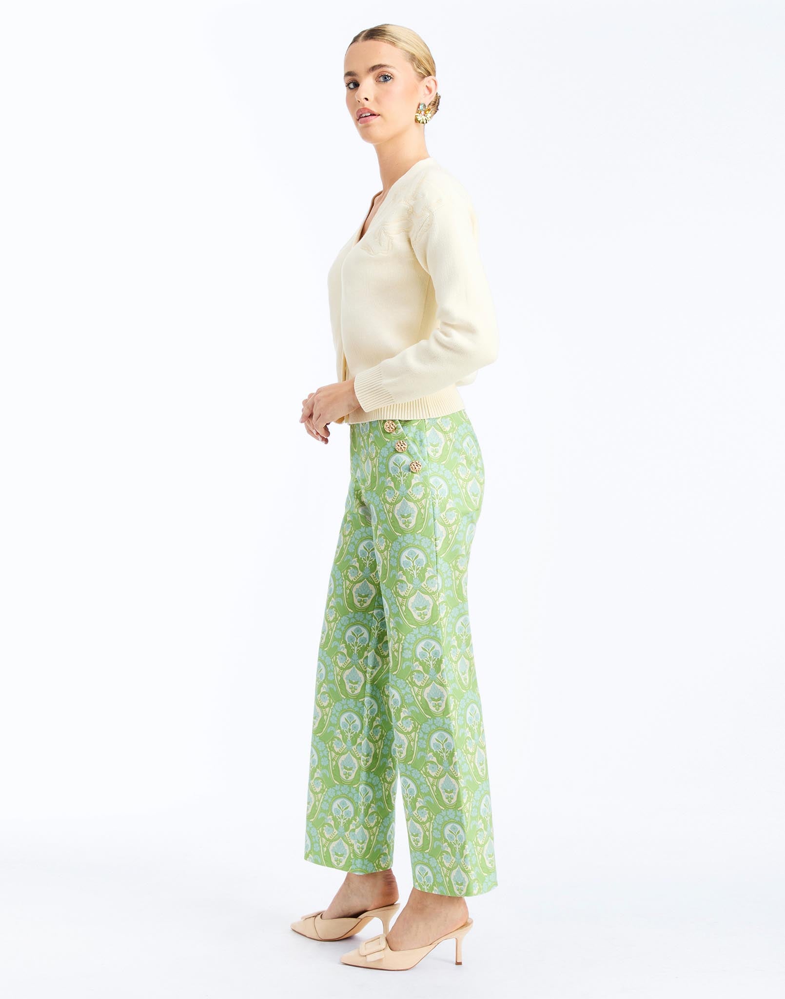 Side - Antonella Pants in Trellis Verte is a printed straight-leg pants with decorative buttons and side zip.