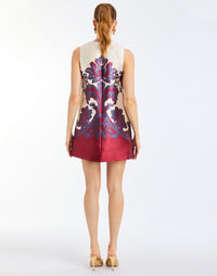 Fiona Mini Dress in Mulberry Arbor back – shift cocktail mini dress with crew neckline, placed print, side seam pockets, and center back zipper by Mestiza New York.