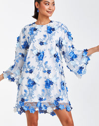Blue and white 3D floral lace mini dress with sleeves