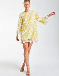 A-line mini dress in canary yellow, crafted in white floral 3D lace