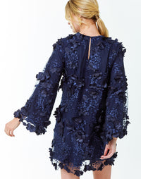 A-line mini dress crafted in navy floral 3D lace mesh keyhole back neck