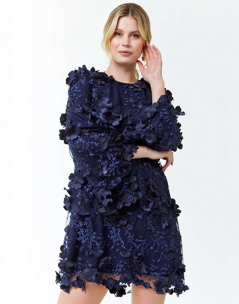 A-line mini dress crafted in navy floral 3D lace mesh