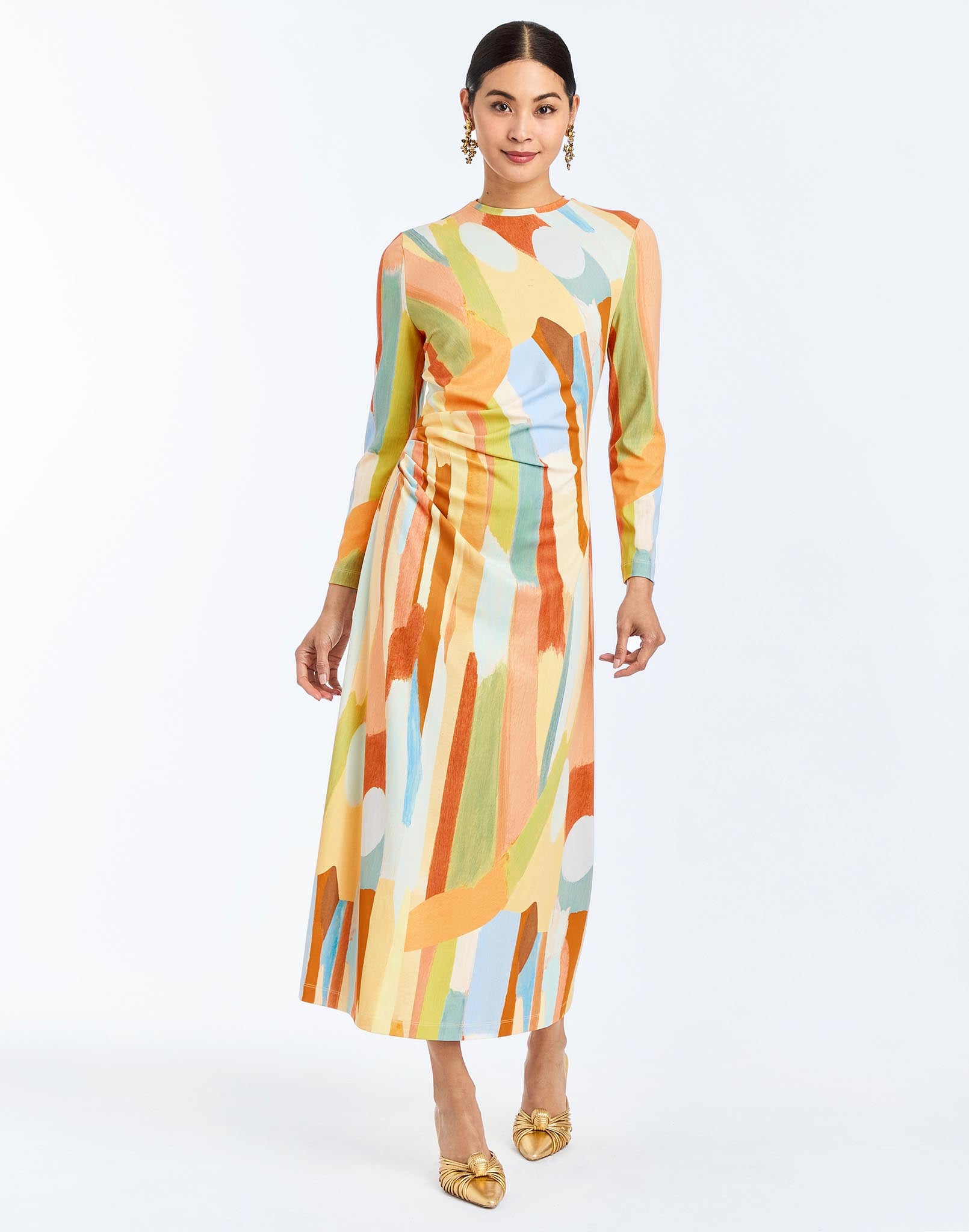 Front - Gabriella Midi Dress in Fresco Tides is a crepe jersey midi with ruching, crew neckline, and A-line skirt.
