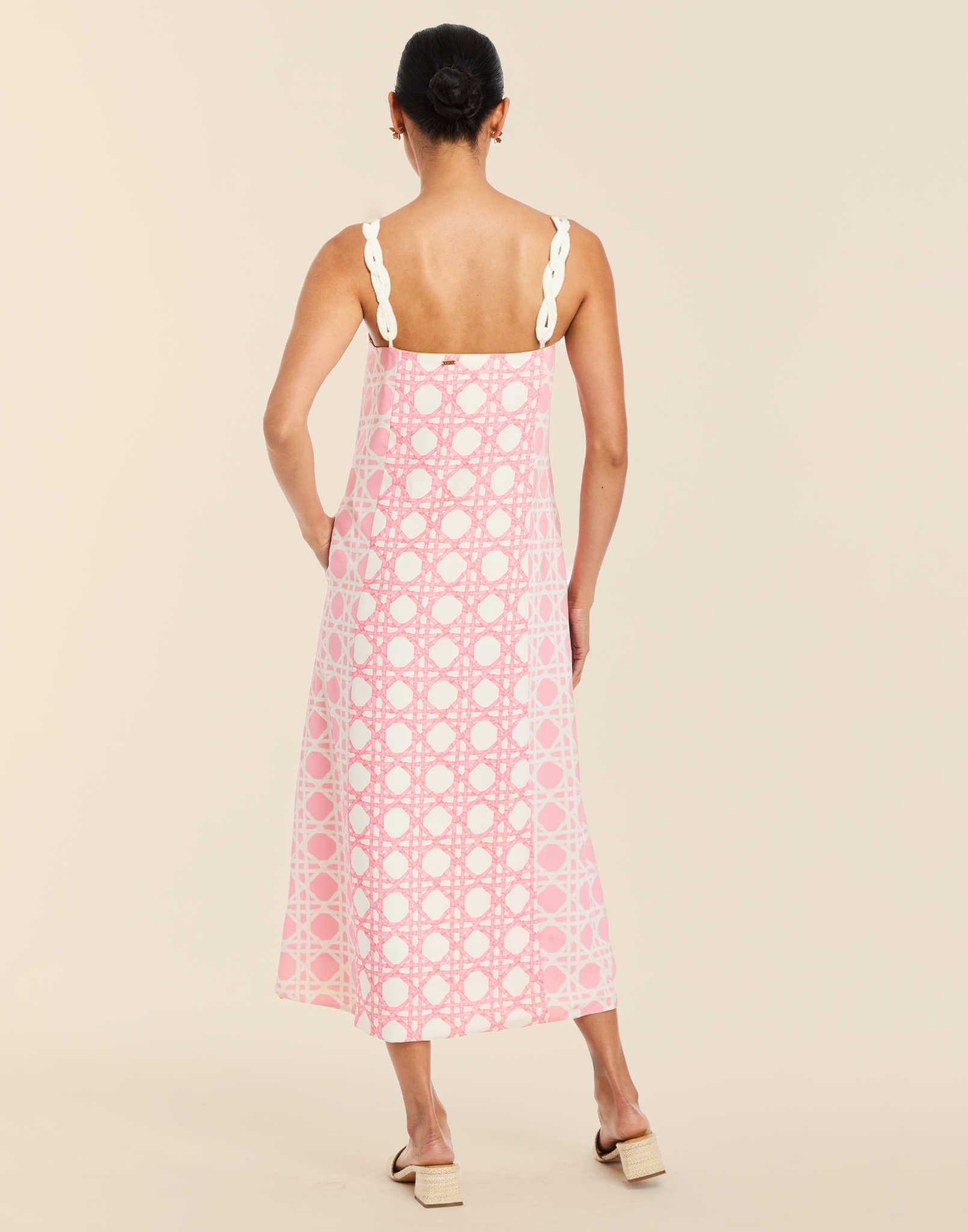 Galena Convertible Tea Length Dress in Florentine Lattice linen with reversible floral and lattice prints, rope straps, and side pockets.