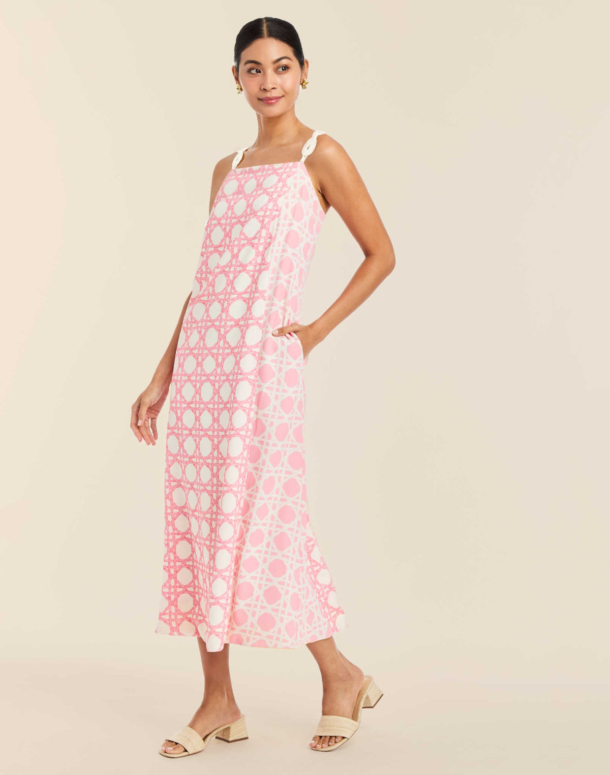 Galena Convertible Tea Length Dress in Florentine Lattice linen with reversible floral and lattice prints, rope straps, and side pockets.