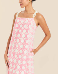 Galena Convertible Tea Length Dress in Florentine Lattice linen with reversible floral and lattice prints, rope straps, and side pockets.