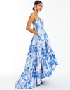Blue an white chinoiserie print strapless high low gown with pockets