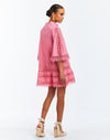 Rose pink linen A-line dress with scalloped lace on hemlines, ruffled seams and hand pockets on sides. 