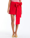 Granada Wrapped Mini Skirt in Rose Red front – cocktail mini wrap skirt with bow-tie waist, concealed zipper, and full lining by Mestiza New York.