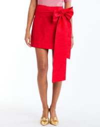 Granada Wrapped Mini Skirt in Rose Red front – cocktail mini wrap skirt with bow-tie waist, concealed zipper, and full lining by Mestiza New York.