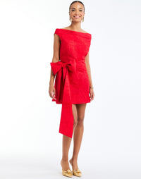 Granada Wrapped Mini Skirt in Rose Red full body – cocktail mini wrap skirt with bow-tie waist, concealed zipper, and full lining by Mestiza New York.
