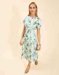 Hampton Convertible Midi Dress in Quatrefoil Blue cotton poplin with reversible floral and solid sides, A-line silhouette, and side pockets.