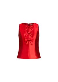 Hudson Bow Top in Merlot Red with a sleeveless crew neckline, three bows down the front, and peplum silhouette.
