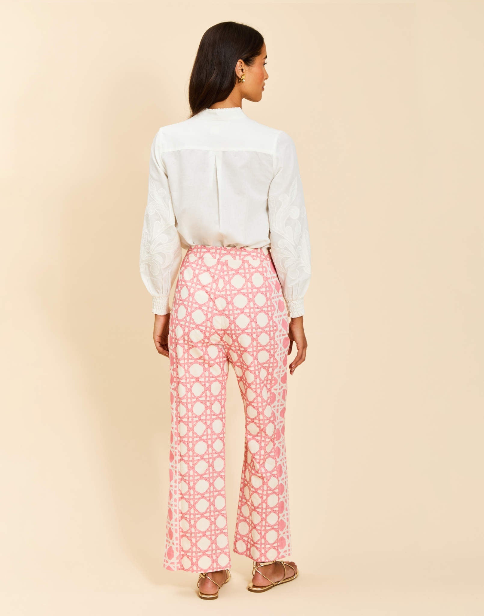Wylie Pant in Lattice Blush linen with high-waisted fit, straight-leg silhouette, princess seam paneling, and side seam pockets.