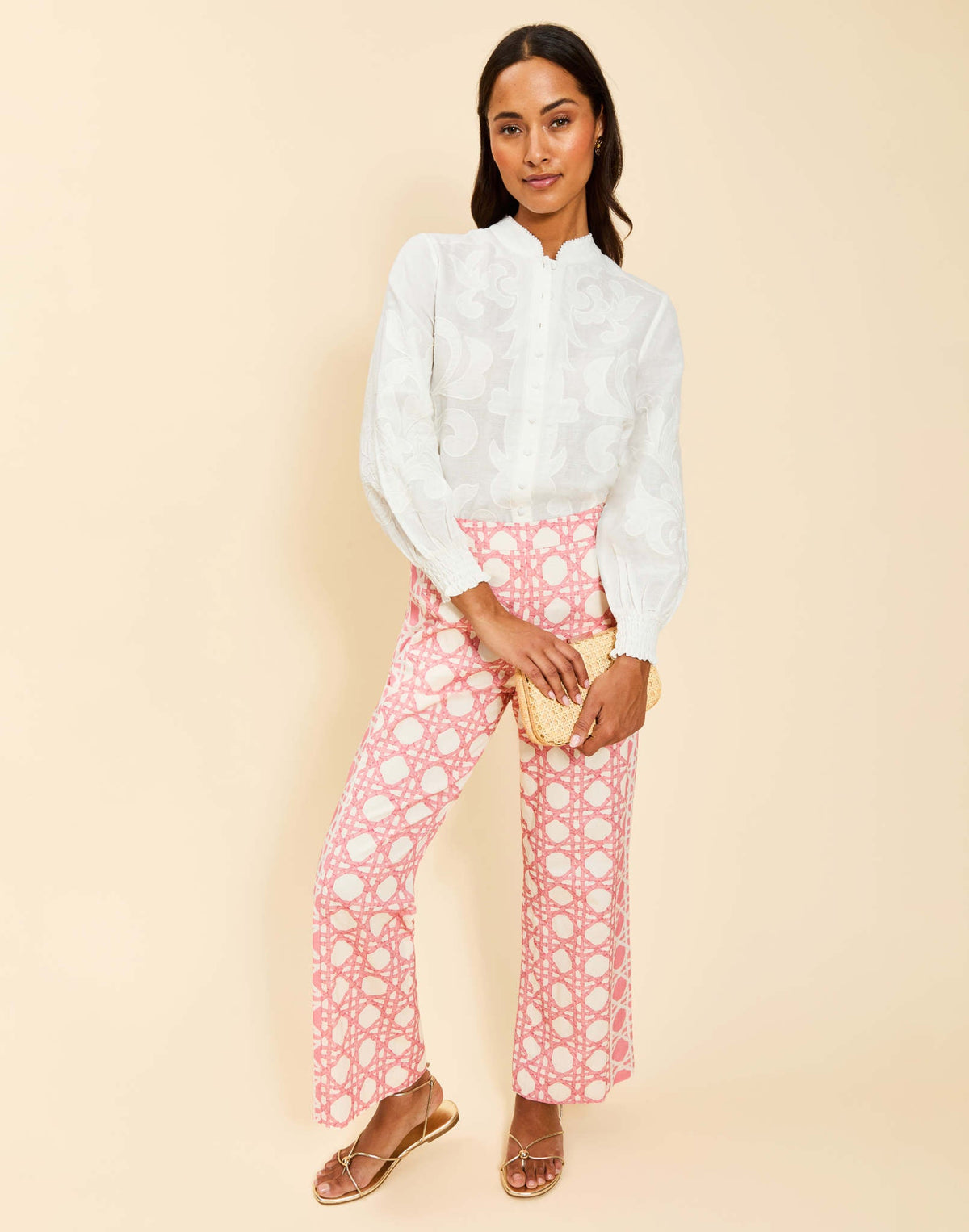 Wylie Pant in Lattice Blush linen with high-waisted fit, straight-leg silhouette, princess seam paneling, and side seam pockets.