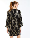 Ines Caftan Mini Dress in Black/Gold back – metallic lurex cocktail shift dress with djellaba collar, bell sleeves, and side seam pockets by Mestiza New York.