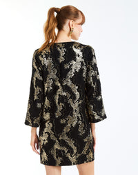 Ines Caftan Mini Dress in Black/Gold back – metallic lurex cocktail shift dress with djellaba collar, bell sleeves, and side seam pockets by Mestiza New York.