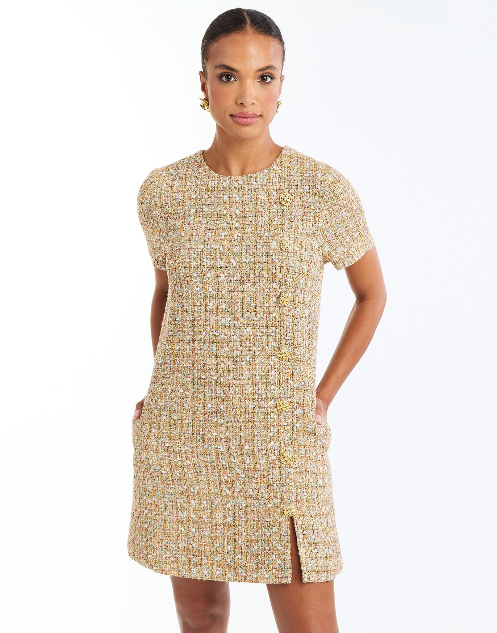  Isolde Mini Dress in Gold Multi front – daytime shift mini dress with crew neckline, fitted sleeves, gold button princess seam, and side seam pockets by Mestiza New York.