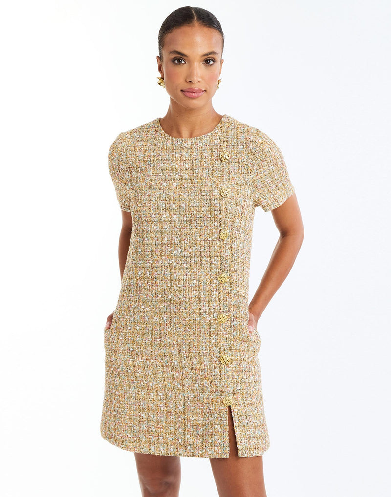  Isolde Mini Dress in Gold Multi front – daytime shift mini dress with crew neckline, fitted sleeves, gold button princess seam, and side seam pockets by Mestiza New York.