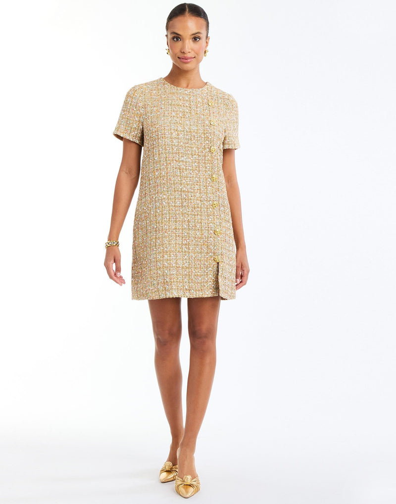  Isolde Mini Dress in Gold Multi full body – daytime shift mini dress with crew neckline, fitted sleeves, gold button princess seam, and side seam pockets by Mestiza New York.