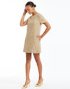  Isolde Mini Dress in Gold Multi side – daytime shift mini dress with crew neckline, fitted sleeves, gold button princess seam, and side seam pockets by Mestiza New York.