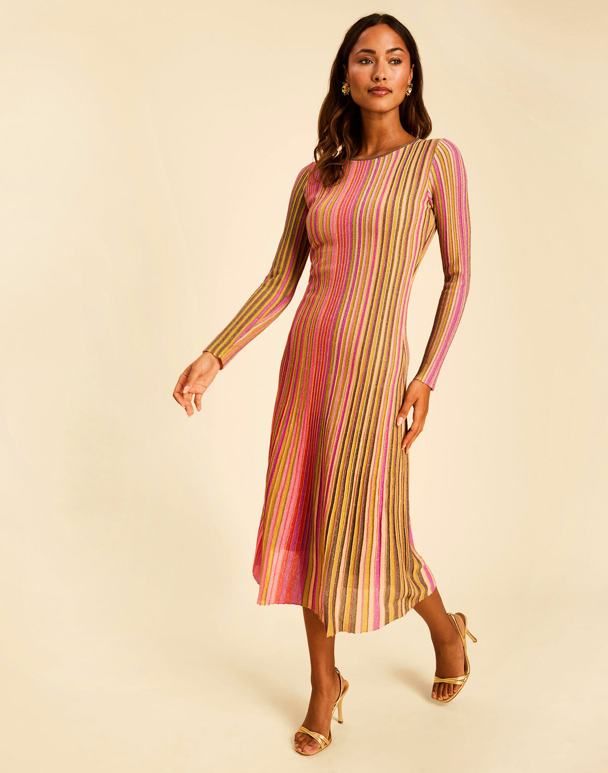 James Knit Midi Dress in Sparkling Borealis with a crew neckline, fitted long sleeves, and subtly flared skirt.
