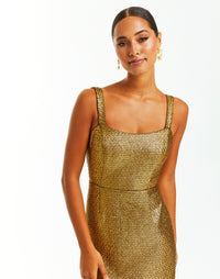 Metallic tweed midi dress with bow tie straps and flared skirt