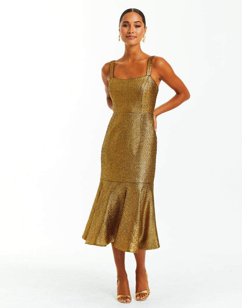 Metallic tweed midi dress with bow tie straps and flared skirt