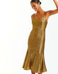 Metallic tweed midi dress with bow tie straps and flared skirt