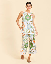 Judah Cropped Pant in Groovy Florals linen with high waist, ivory banding, cropped length, and tailored silhouette.