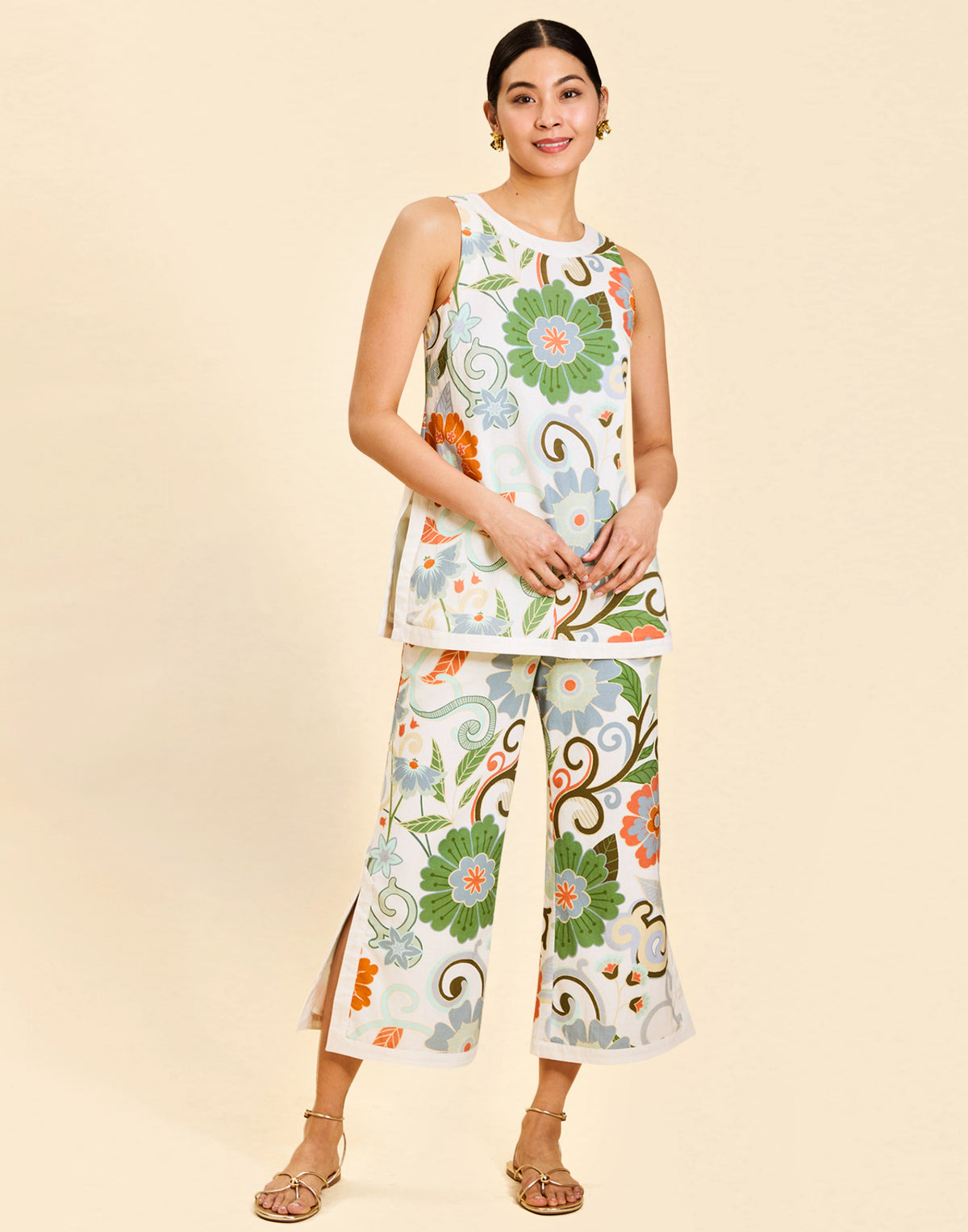 Judah Cropped Pant in Groovy Florals linen with high waist, ivory banding, cropped length, and tailored silhouette.