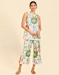 Judah Cropped Pant in Groovy Florals linen with high waist, ivory banding, cropped length, and tailored silhouette.