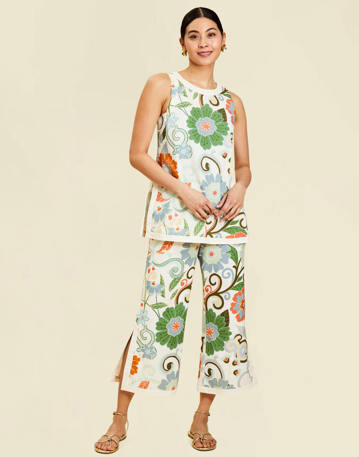 Judah Cropped Pant in Groovy Florals linen with high waist, ivory banding, cropped length, and tailored silhouette.