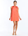 Front - Juniper Shift Mini Dress in Calypso Coral is an embroidered shift mini with scalloped floral appliqué and crew neckline.