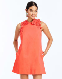 Front - Juniper Shift Mini Dress in Calypso Coral is an embroidered shift mini with scalloped floral appliqué and crew neckline.