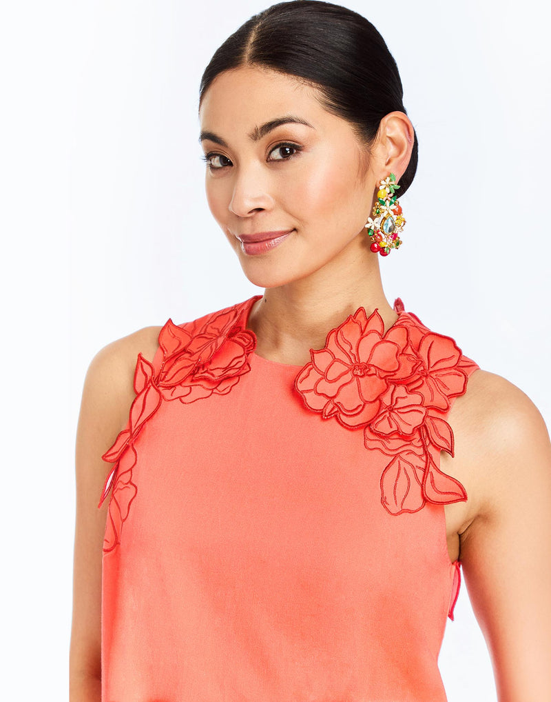 Detail - Juniper Shift Mini Dress in Calypso Coral is an embroidered shift mini with scalloped floral appliqué and crew neckline.
