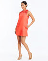 Side - Juniper Shift Mini Dress in Calypso Coral is an embroidered shift mini with scalloped floral appliqué and crew neckline.