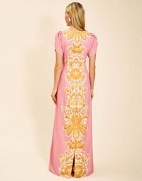 Katherine Gown in Florentine Blush twill with slim A-line silhouette, tulip sleeves, princess darts, and side seam pockets.