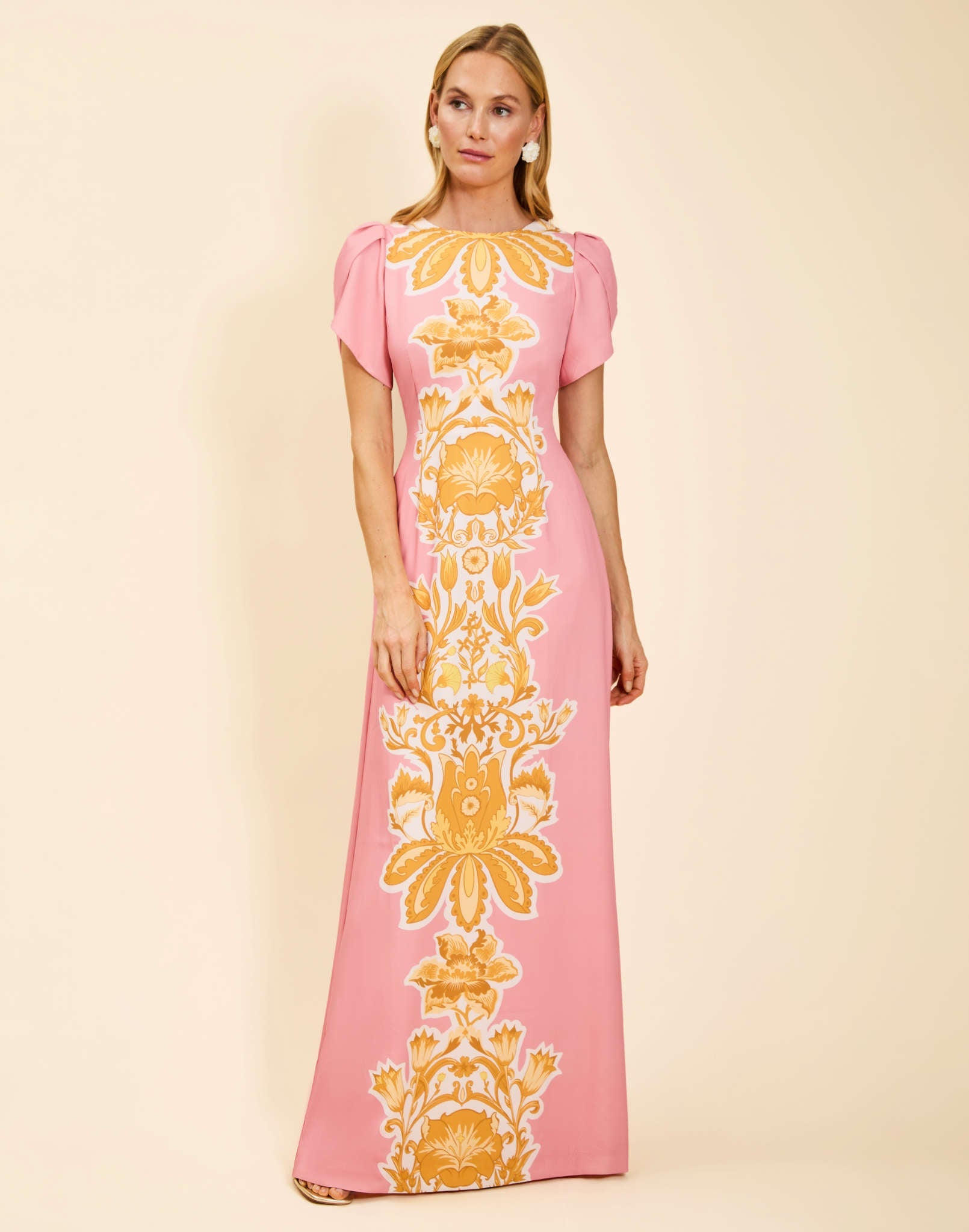 Katherine Gown in Florentine Blush twill with slim A-line silhouette, tulip sleeves, princess darts, and side seam pockets.