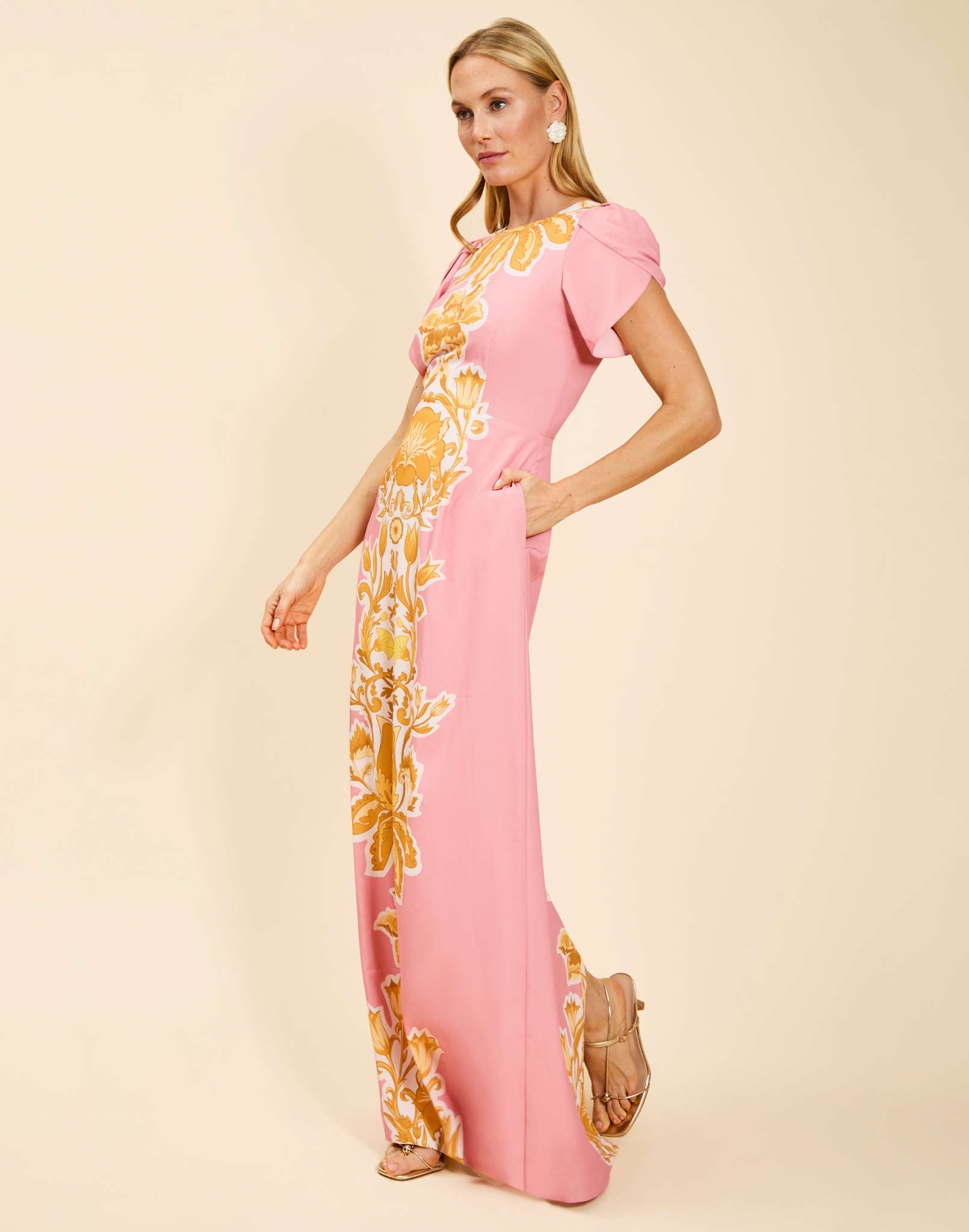 Katherine Gown in Florentine Blush twill with slim A-line silhouette, tulip sleeves, princess darts, and side seam pockets.