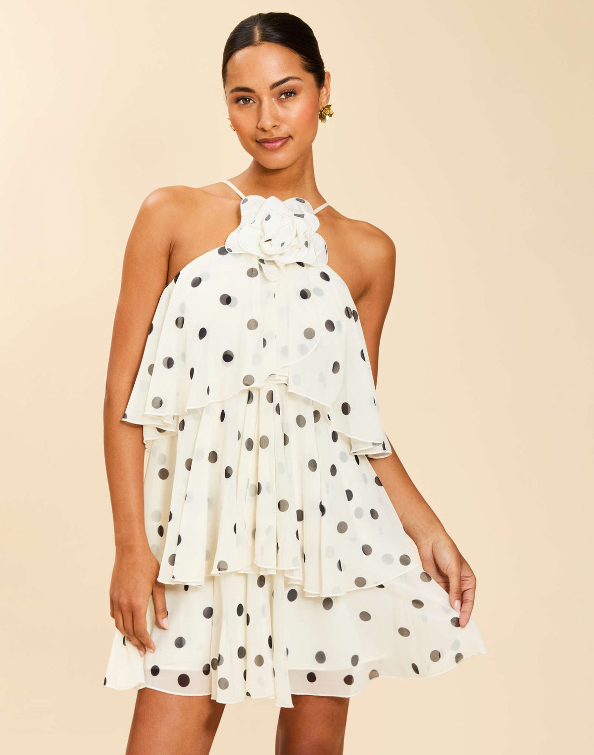 Keepsake Ruffle Mini Dress in Polka Dot chiffon with ruffle detailing, 3D bow halter neckline, and lettuce-edge hem.