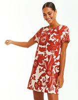 Ivory mini shift  dress with short sleeves and red floral print.