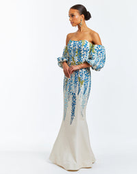 Floor length evening gown with sweetheart neckline, puff sleeves, and subtle mermaid silhouette. Dripping blue wisteria printed on cotton sateen.
