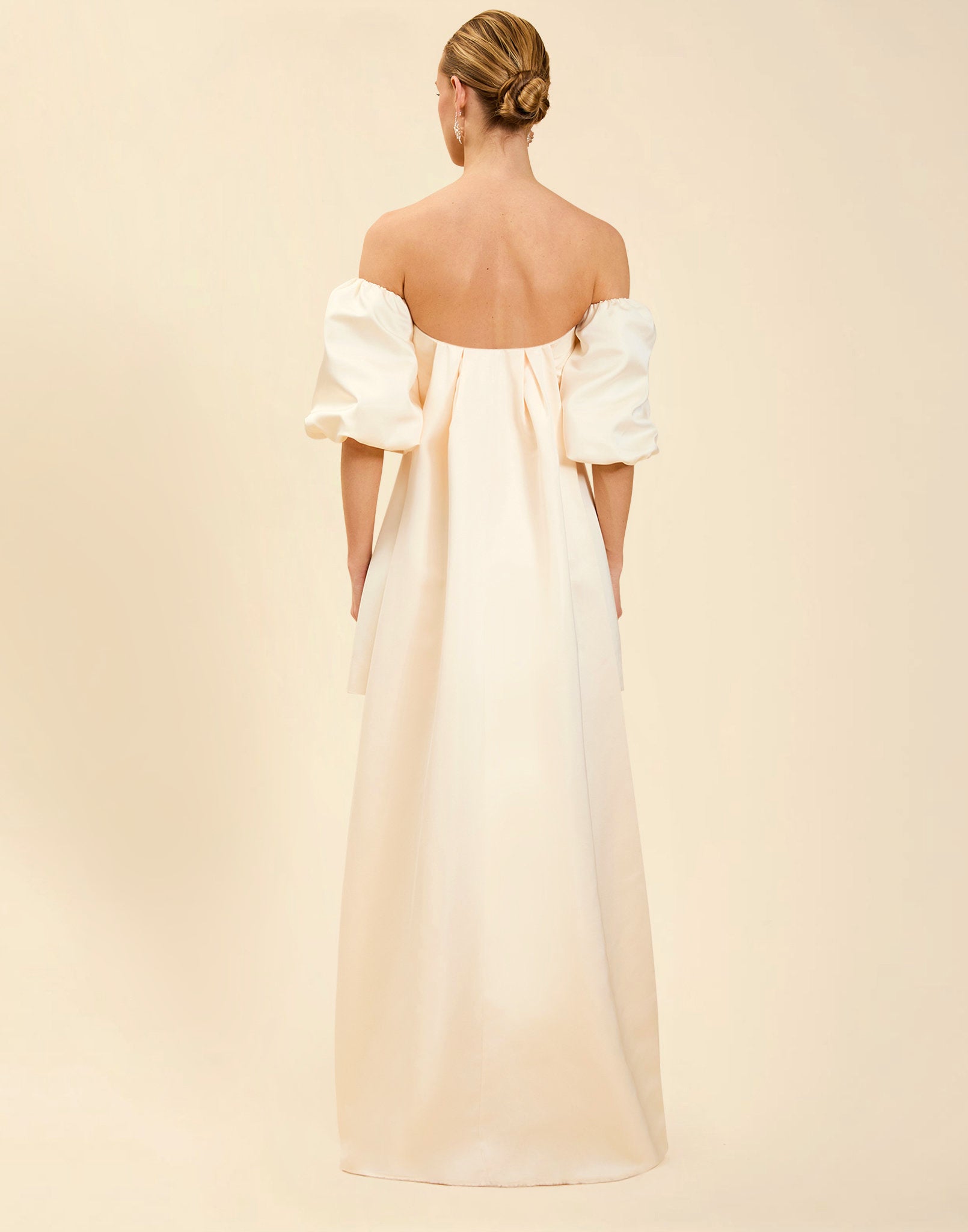 Liezel Convertible Mini Dress in Ivory taffeta with tonal floral embroidery, removable balloon sleeves, and detachable Watteau-style train.