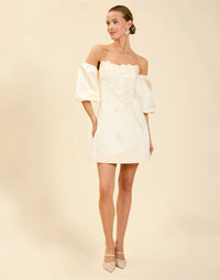 Liezel Convertible Mini Dress in Ivory taffeta with tonal floral embroidery, removable balloon sleeves, and detachable Watteau-style train.