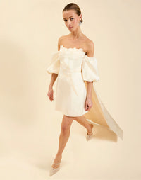 Liezel Convertible Mini Dress in Ivory taffeta with tonal floral embroidery, removable balloon sleeves, and detachable Watteau-style train.