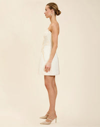 Liezel Convertible Mini Dress in Ivory taffeta with tonal floral embroidery, removable balloon sleeves, and detachable Watteau-style train.